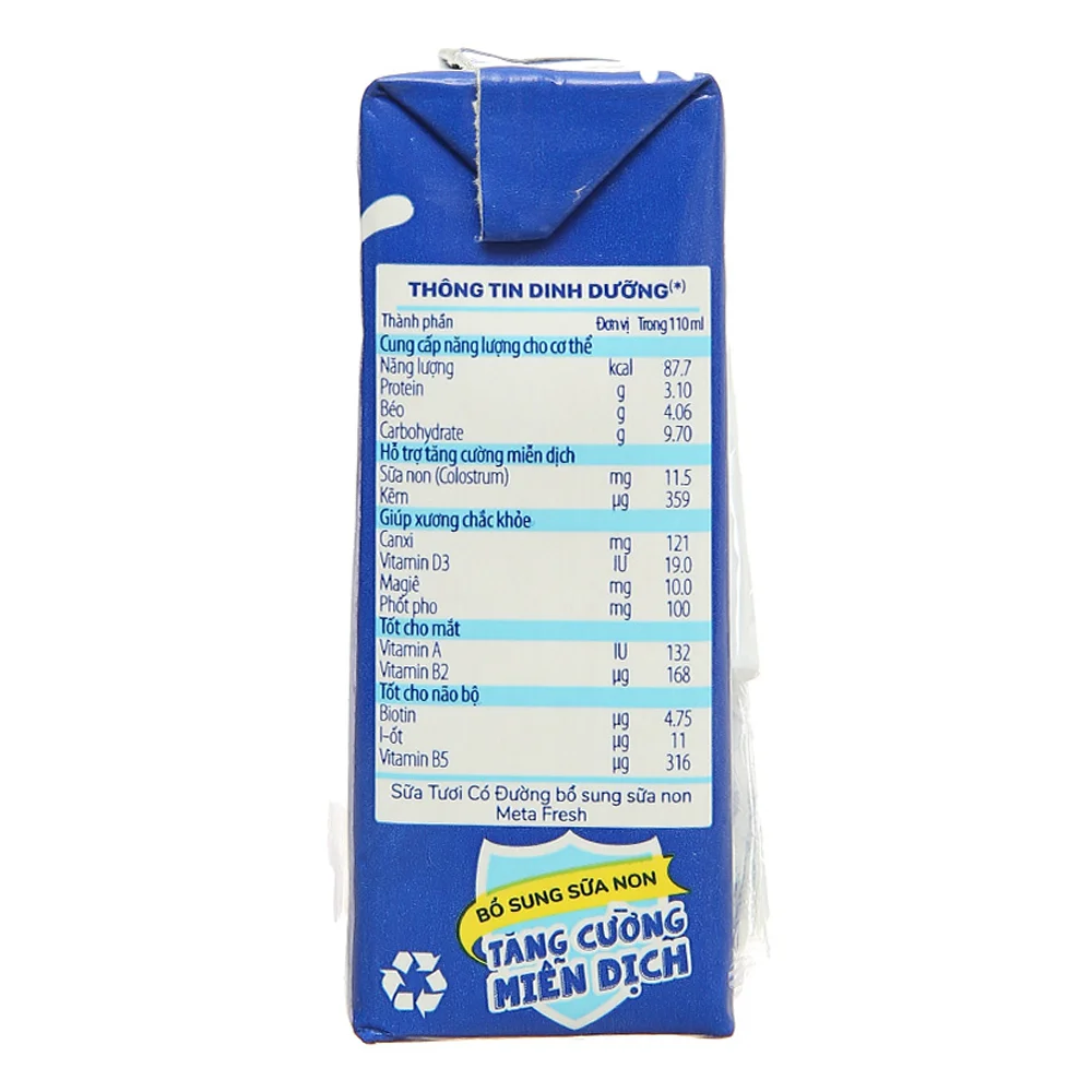 Combo 4 Sữa tươi có đường bổ sung sữa non Metafresh 110ml, lốc 4 hộp