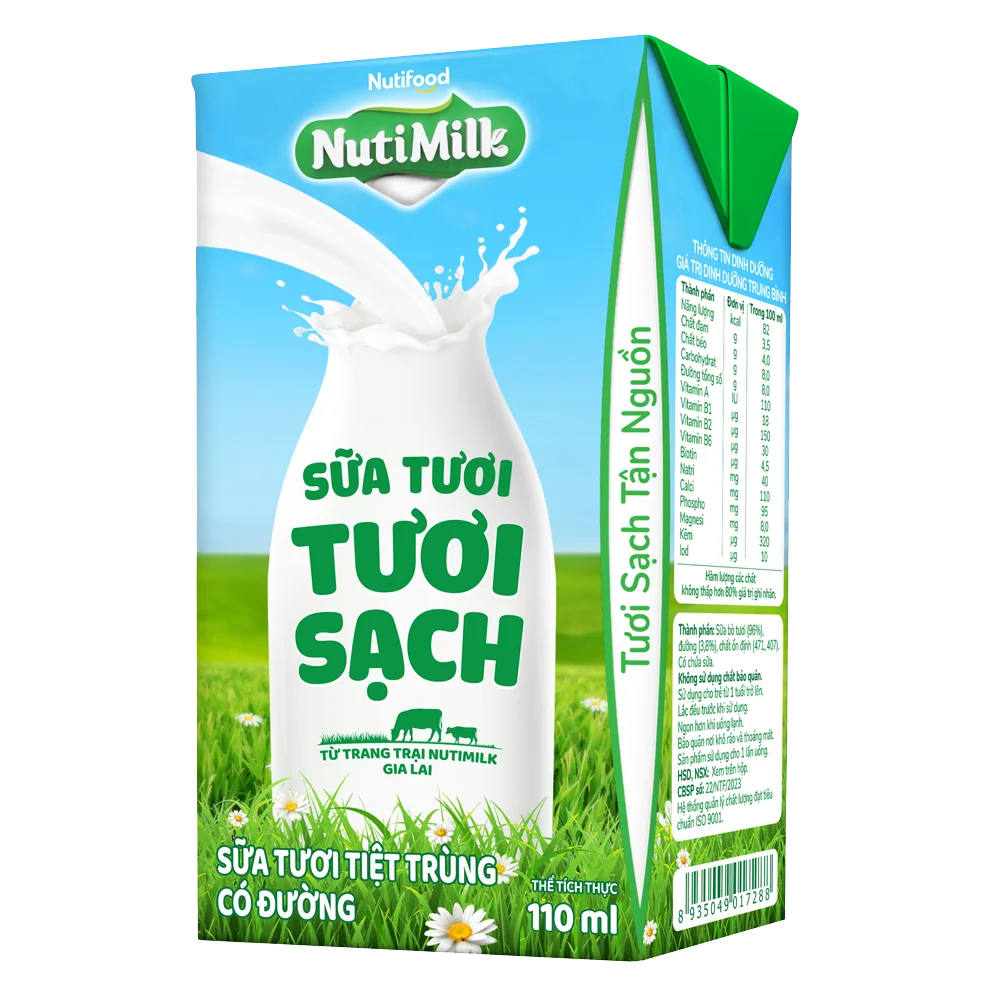 Thùng Sữa tươi sạch tiệt trùng Nutimilk, có đường, 110ml (lốc 4 hộp)