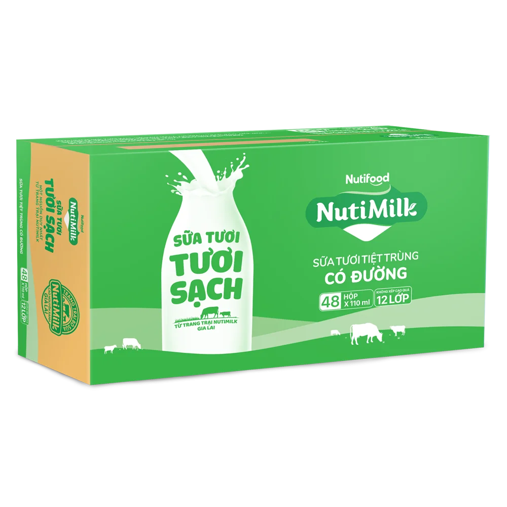 Thùng Sữa tươi sạch tiệt trùng Nutimilk, có đường, 110ml (lốc 4 hộp)