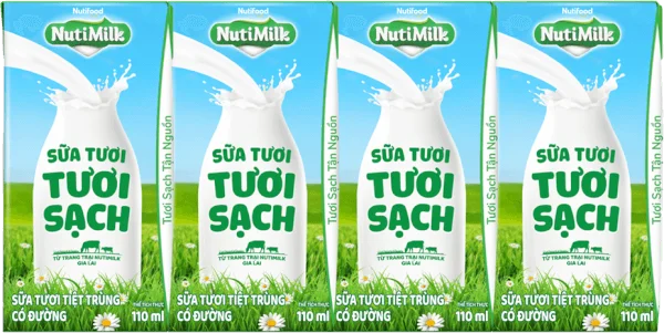 Sữa tươi sạch tiệt trùng Nutimilk, có đường, 110ml (lốc 4 hộp)