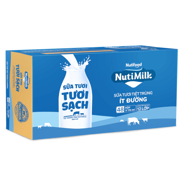 Combo 3 Sữa tươi sạch tiệt trùng Nutimilk, ít đường, 110ml (lốc 4 hộp)