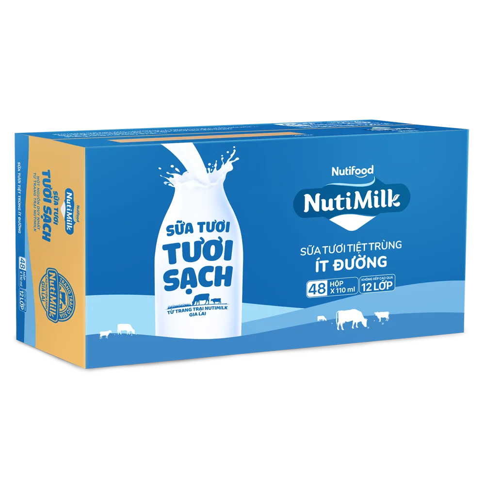 Combo 2 lốc sữa tươi sạch tiệt trùng Nutimilk, ít đường, 110ml (lốc 4 hộp)