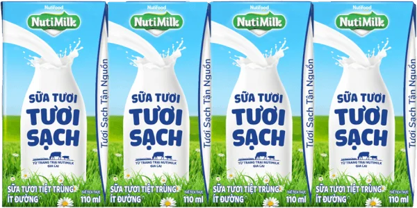 Sữa tươi sạch tiệt trùng Nutimilk, ít đường, 110ml (lốc 4 hộp)