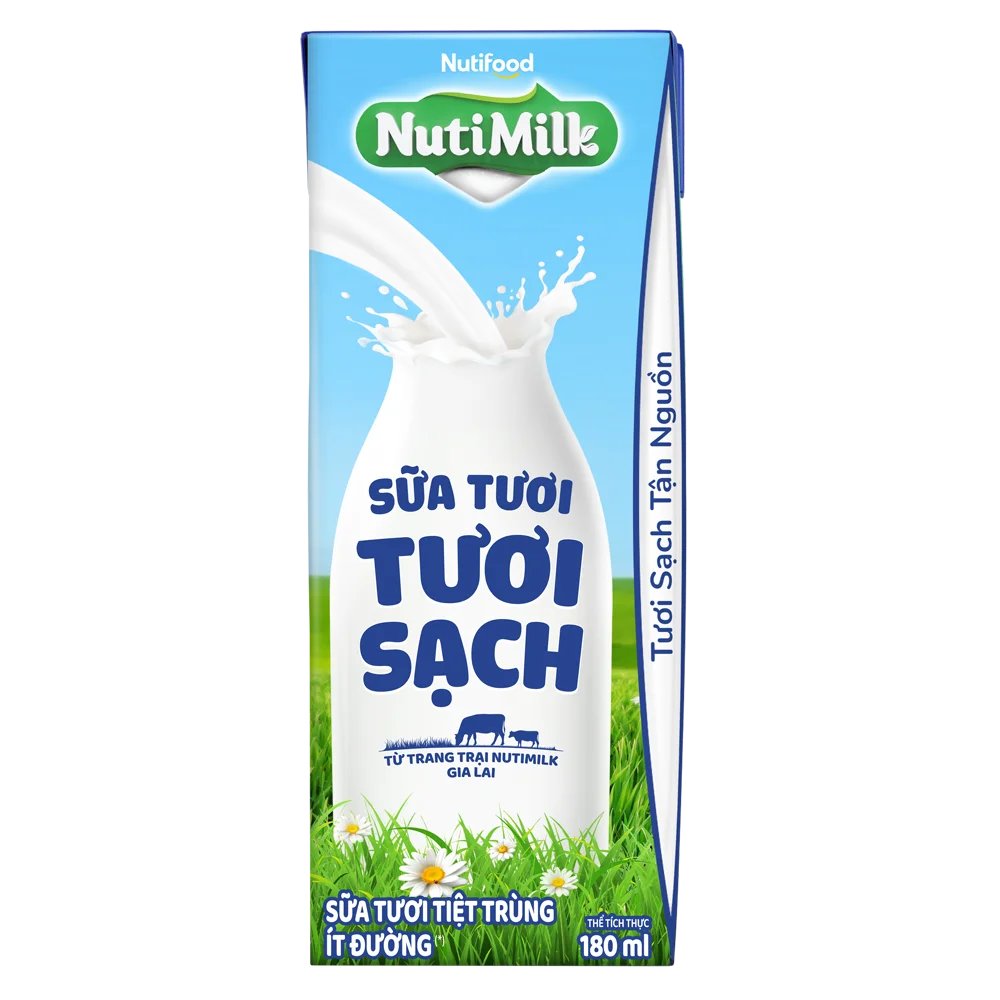Sữa tươi sạch tiệt trùng Nutimilk, ít đường, 180ml (lốc 4 hộp)