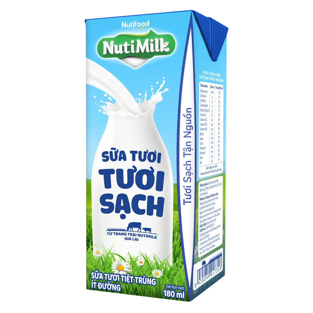 Sữa tươi sạch tiệt trùng Nutimilk, ít đường, 180ml (lốc 4 hộp)