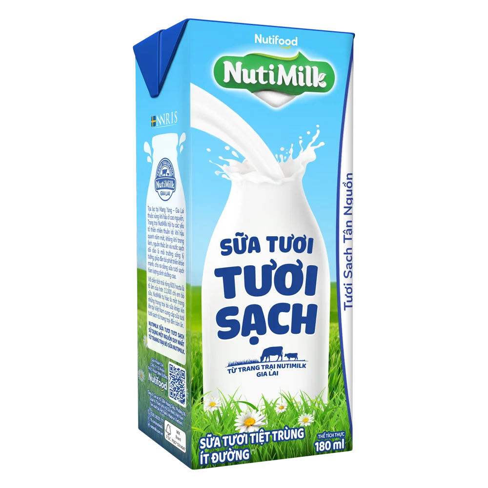 Sữa tươi sạch tiệt trùng Nutimilk, ít đường, 180ml (lốc 4 hộp)