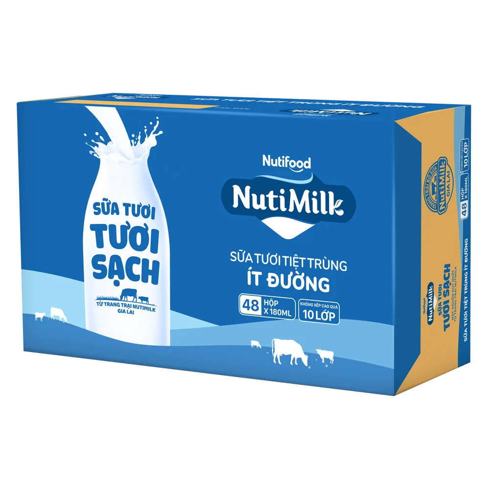 Sữa tươi sạch tiệt trùng Nutimilk, ít đường, 180ml (lốc 4 hộp)
