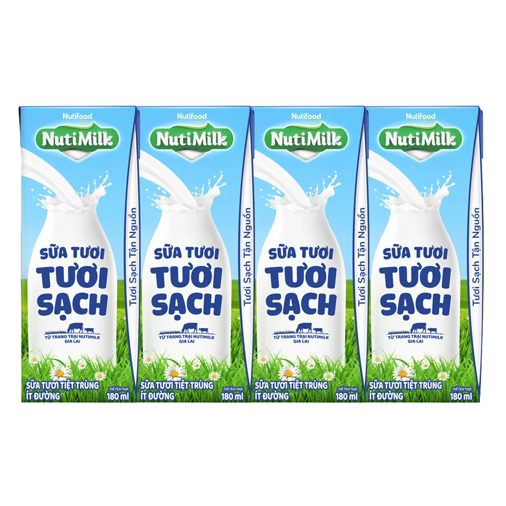 Sữa tươi sạch tiệt trùng Nutimilk, ít đường, 180ml (lốc 4 hộp)