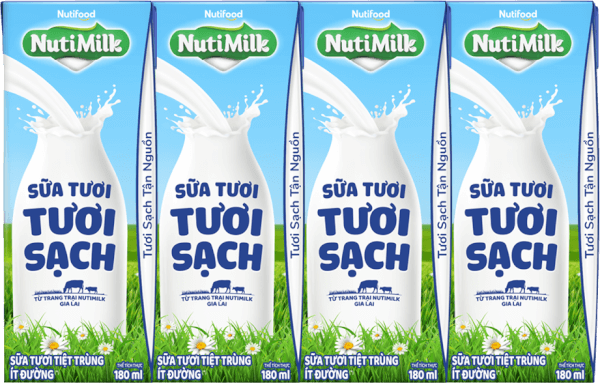 Sữa tươi sạch tiệt trùng Nutimilk, ít đường, 180ml (lốc 4 hộp)