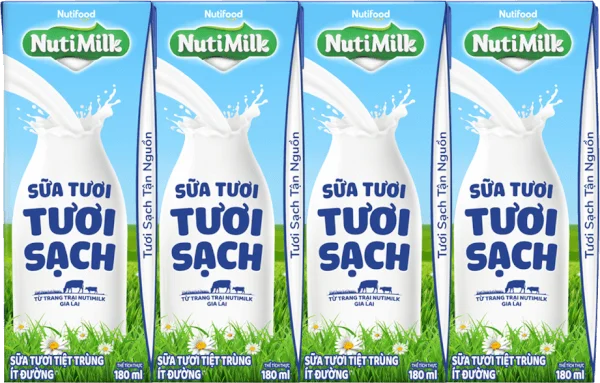 Sữa tươi sạch tiệt trùng Nutimilk, ít đường, 180ml (lốc 4 hộp)