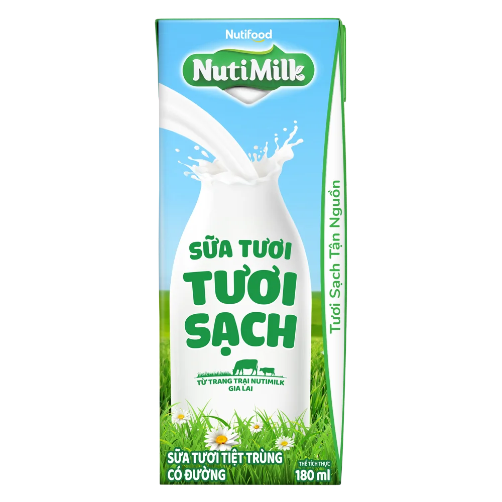 Thùng Sữa tươi sạch tiệt trùng Nutimilk, có đường, 180ml (lốc 4 hộp)