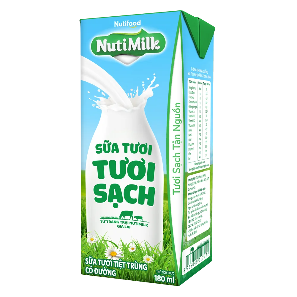 Thùng Sữa tươi sạch tiệt trùng Nutimilk, có đường, 180ml (lốc 4 hộp)