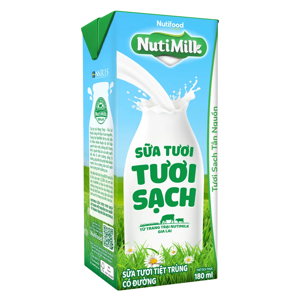 Thùng Sữa tươi sạch tiệt trùng Nutimilk, có đường, 180ml (lốc 4 hộp)