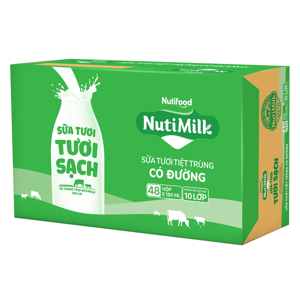 Thùng Sữa tươi sạch tiệt trùng Nutimilk, có đường, 180ml (lốc 4 hộp)