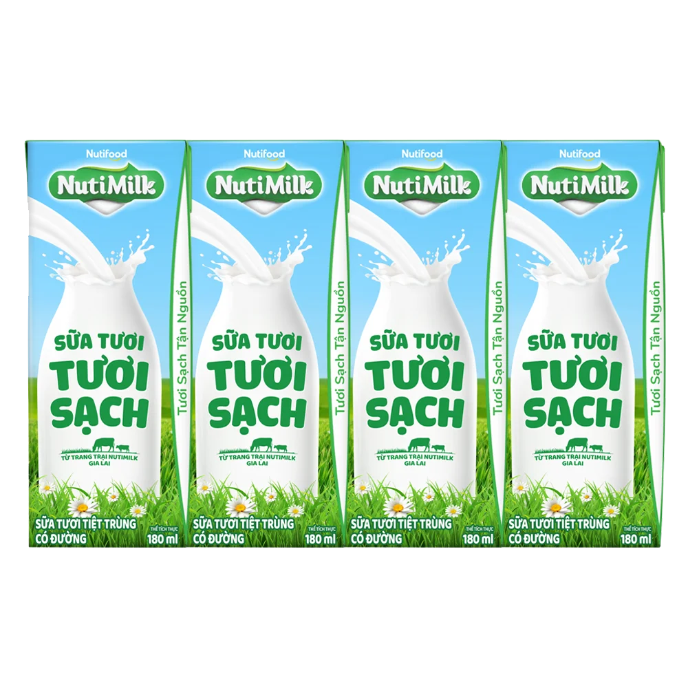 Thùng Sữa tươi sạch tiệt trùng Nutimilk, có đường, 180ml (lốc 4 hộp)