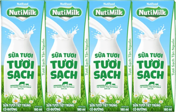 Sữa tươi sạch tiệt trùng Nutimilk, có đường, 180ml (lốc 4 hộp)