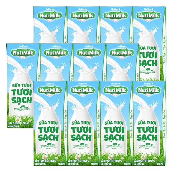 Combo 3 Sữa tươi sạch tiệt trùng Nutimilk, có đường, 180ml (lốc 4 hộp)