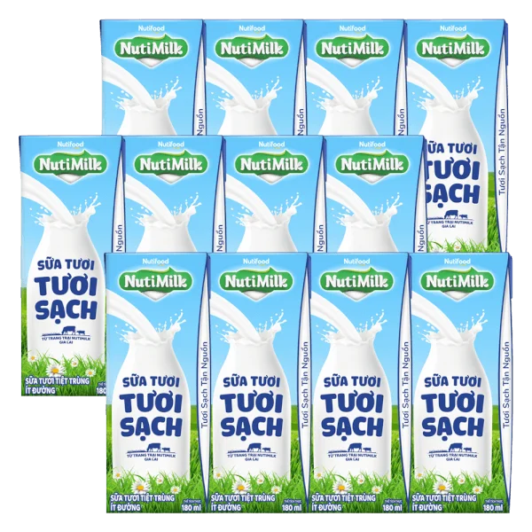 Combo 3 Sữa tươi sạch tiệt trùng Nutimilk, ít đường, 180ml (lốc 4 hộp)