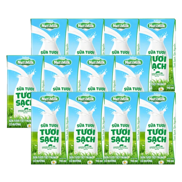 Combo 3 Sữa tươi sạch tiệt trùng Nutimilk, có đường, 110ml (lốc 4 hộp)