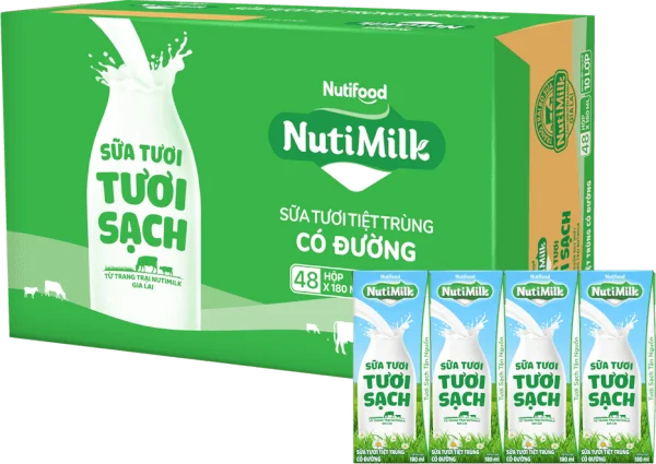 Thùng Sữa tươi sạch tiệt trùng Nutimilk, có đường, 180ml (lốc 4 hộp)