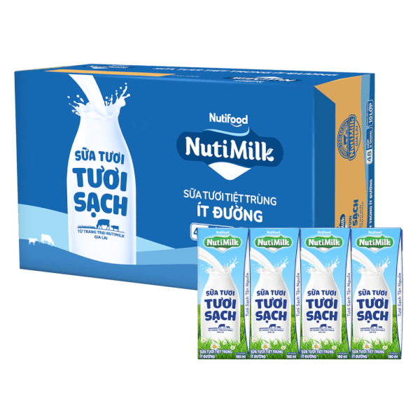 Thùng Sữa tươi sạch tiệt trùng Nutimilk, ít đường, 180ml (lốc 4 hộp)