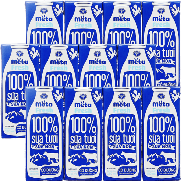 Combo 3 Sữa tươi có đường bổ sung sữa non Metafresh 180ml, lốc 4 hộp