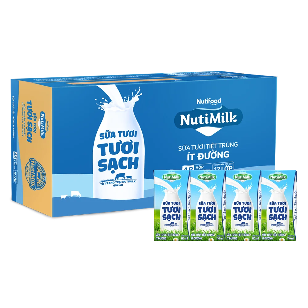 Thùng Sữa tươi sạch tiệt trùng Nutimilk, ít đường, 110ml (lốc 4 hộp)