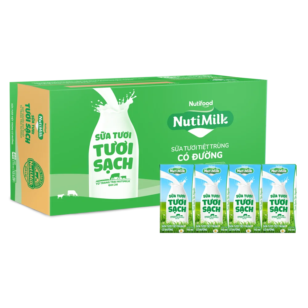 Thùng Sữa tươi sạch tiệt trùng Nutimilk, có đường, 110ml (lốc 4 hộp)