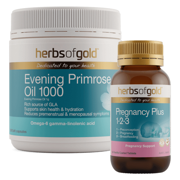 Combo Thực phẩm bảo vệ sức khoẻ Herbs of Gold Evening Primrose Oil 1000 và Thực phẩm bảo vệ sức khoẻ Herbs of Gold Pregnancy Plus 1-2-3