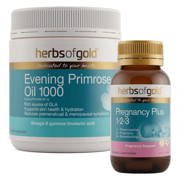 Combo Thực phẩm bảo vệ sức khoẻ Herbs of Gold Evening Primrose Oil 1000 và Thực phẩm bảo vệ sức khoẻ Herbs of Gold Pregnancy Plus 1-2-3