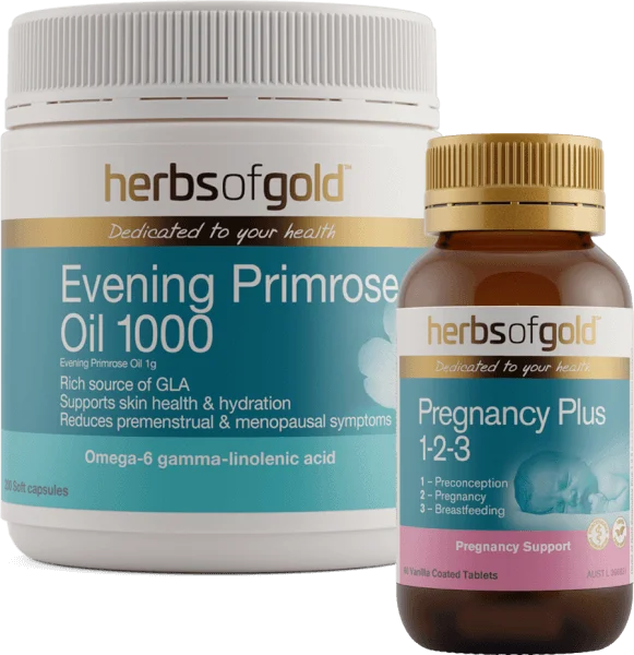 Combo Thực phẩm bảo vệ sức khoẻ Herbs of Gold Evening Primrose Oil 1000 và Thực phẩm bảo vệ sức khoẻ Herbs of Gold Pregnancy Plus 1-2-3