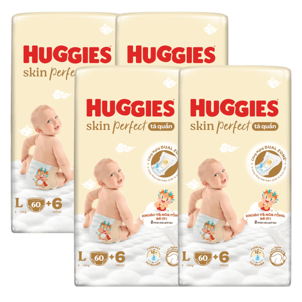 Combo 4 Tã quần Huggies SkinPerfect Pants (L, 9-14kg, 60+6 miếng) (giao bao bì ngẫu nhiên)