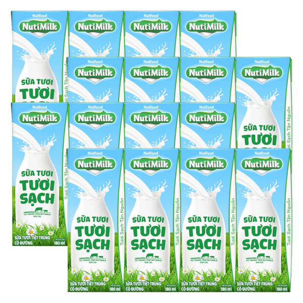 Combo 4 Sữa tươi sạch tiệt trùng Nutimilk, có đường, 180ml (lốc 4 hộp)