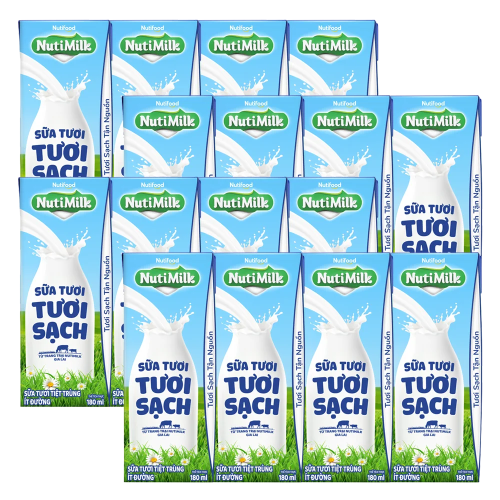Combo 4 Sữa tươi sạch tiệt trùng Nutimilk, ít đường, 180ml (lốc 4 hộp)