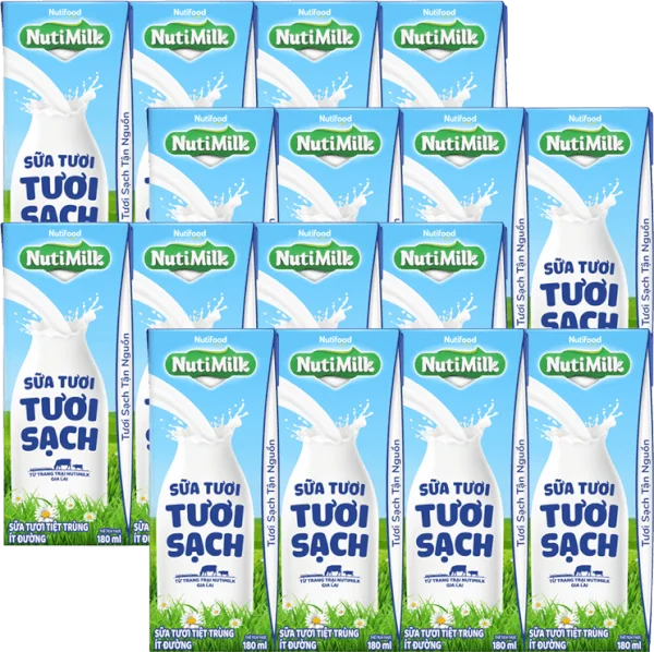 Combo 4 Sữa tươi sạch tiệt trùng Nutimilk, ít đường, 180ml (lốc 4 hộp)