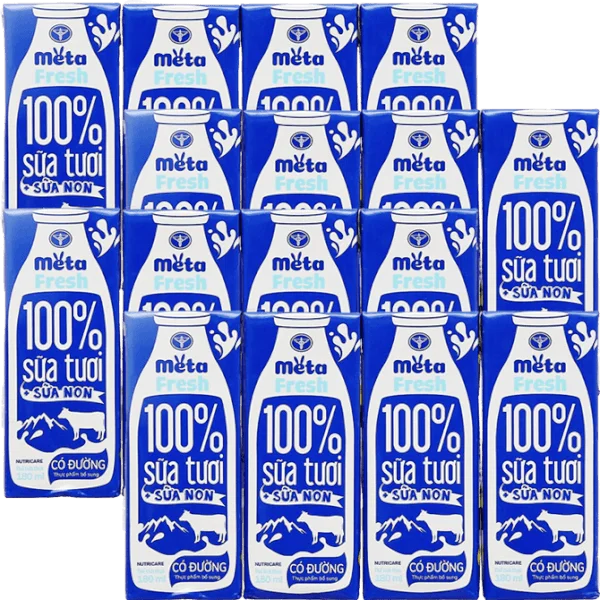 Combo 4 Sữa tươi có đường bổ sung sữa non Metafresh 180ml, lốc 4 hộp