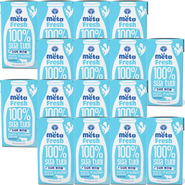 Combo 4 Sữa tươi ít đường bổ sung sữa non Metafresh 110ml, lốc 4 hộp