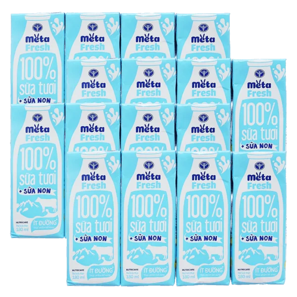 Combo 4 Sữa tươi ít đường bổ sung sữa non Metafresh 180ml, lốc 4 hộp