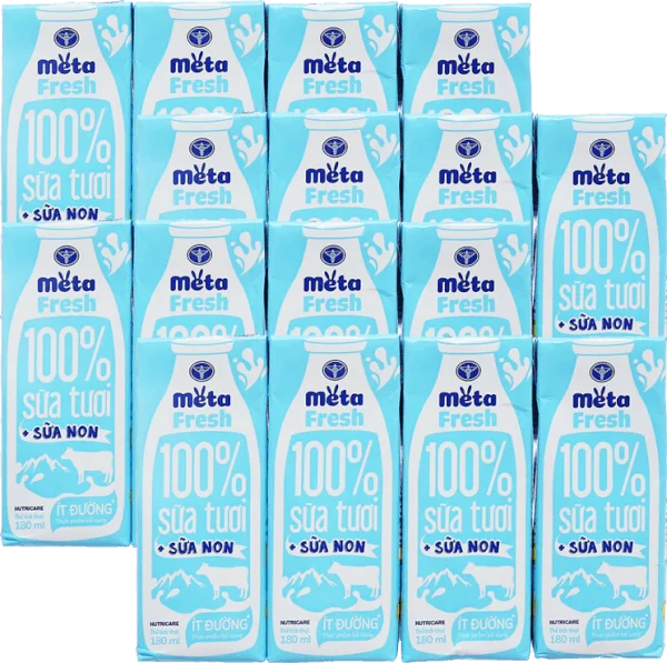 Combo 4 Sữa tươi ít đường bổ sung sữa non Metafresh 180ml, lốc 4 hộp