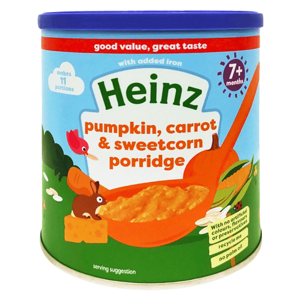 Thức ăn bổ sung dành cho trẻ từ 7 tháng tuổi trở lên: Cháo bí đỏ, cà rốt & bắp ngọt-Heinz pumpkin, carrot & sweetcorn porridge