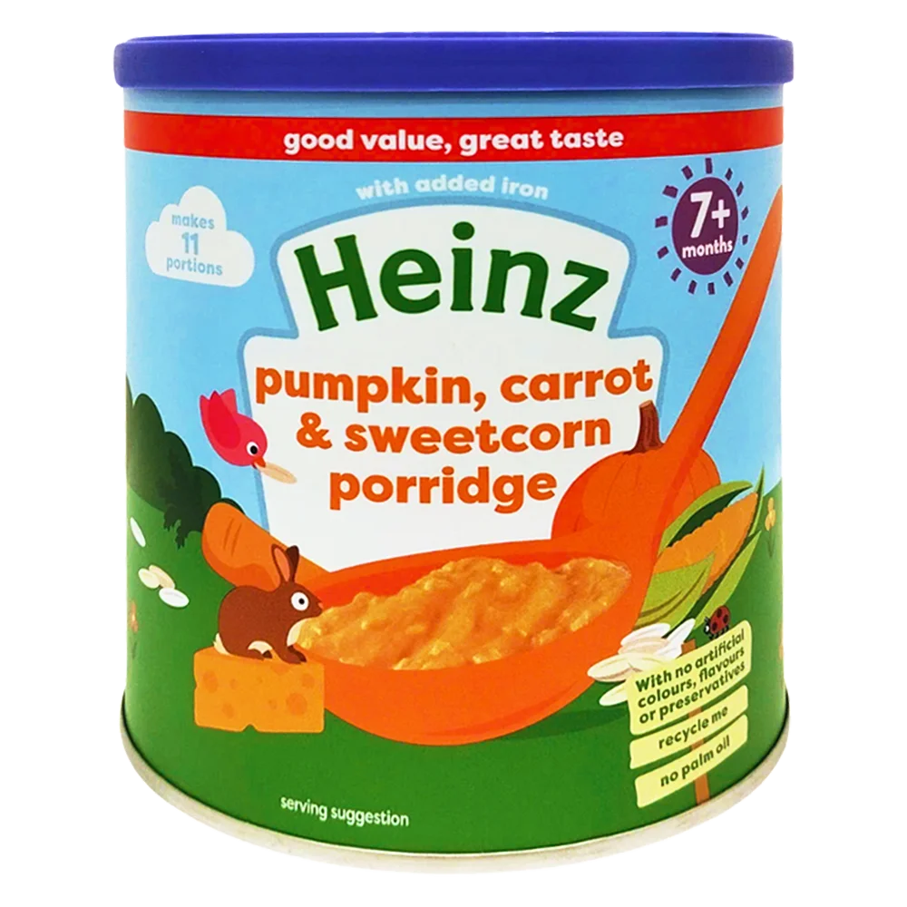 Thức ăn bổ sung dành cho trẻ từ 7 tháng tuổi trở lên: Cháo bí đỏ, cà rốt & bắp ngọt-Heinz pumpkin, carrot & sweetcorn porridge