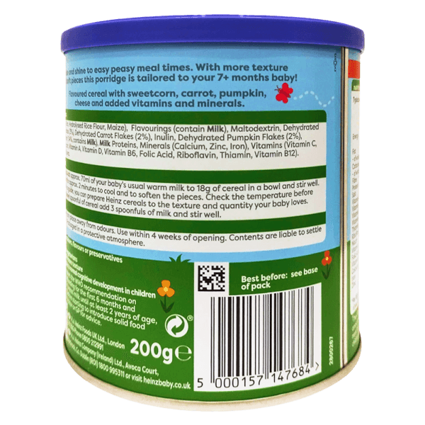 Thức ăn bổ sung dành cho trẻ từ 7 tháng tuổi trở lên: Cháo bí đỏ, cà rốt & bắp ngọt-Heinz pumpkin, carrot & sweetcorn porridge