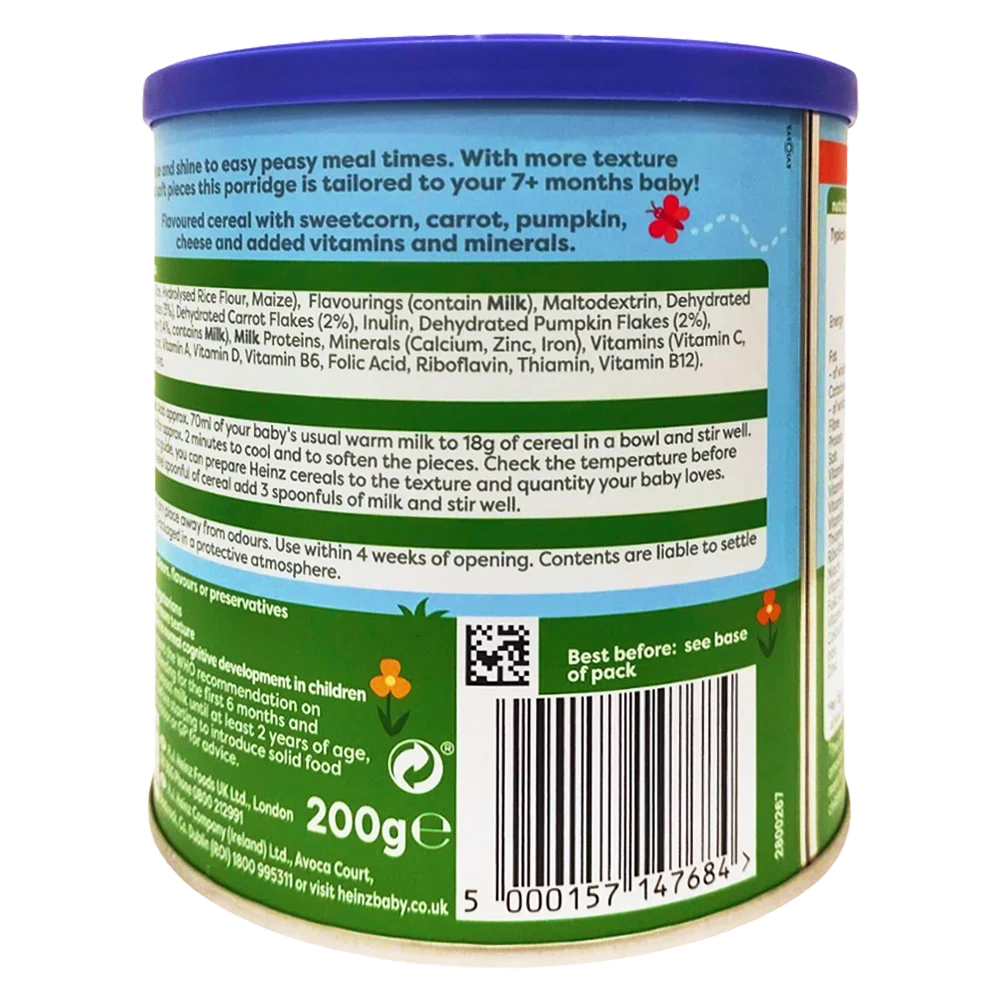 Thức ăn bổ sung dành cho trẻ từ 7 tháng tuổi trở lên: Cháo bí đỏ, cà rốt & bắp ngọt-Heinz pumpkin, carrot & sweetcorn porridge