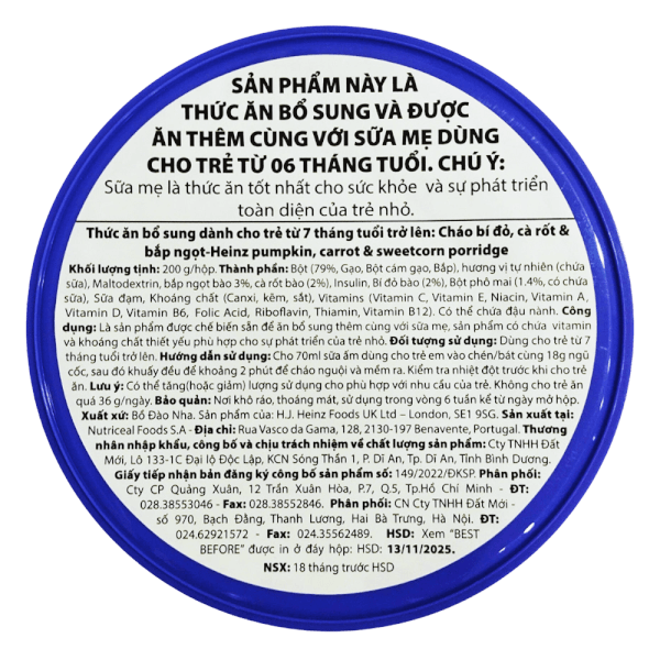 Thức ăn bổ sung dành cho trẻ từ 7 tháng tuổi trở lên: Cháo bí đỏ, cà rốt & bắp ngọt-Heinz pumpkin, carrot & sweetcorn porridge