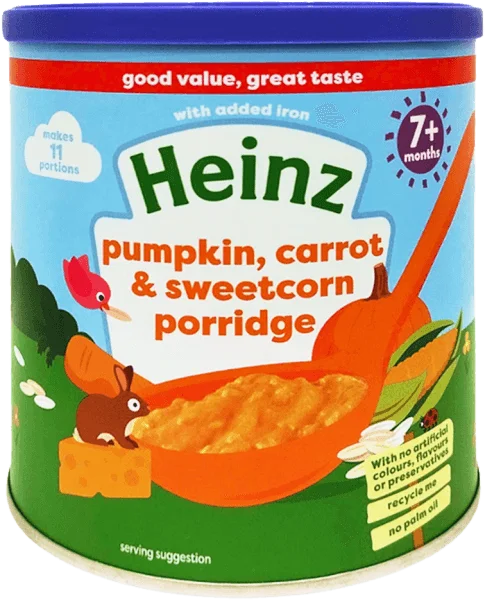 Thức ăn bổ sung dành cho trẻ từ 7 tháng tuổi trở lên: Cháo bí đỏ, cà rốt & bắp ngọt-Heinz pumpkin, carrot & sweetcorn porridge