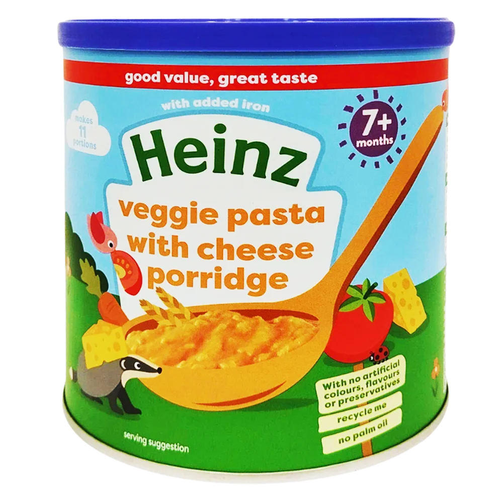 Thức ăn bổ sung dành cho trẻ từ 7 tháng tuổi trở lên: Cháo mì ý rau củ và phô mai-Heinz veggie pasta with cheese porridge