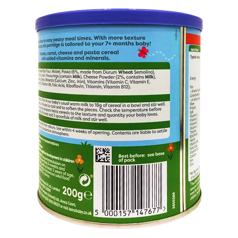 Thức ăn bổ sung dành cho trẻ từ 7 tháng tuổi trở lên: Cháo mì ý rau củ và phô mai-Heinz veggie pasta with cheese porridge