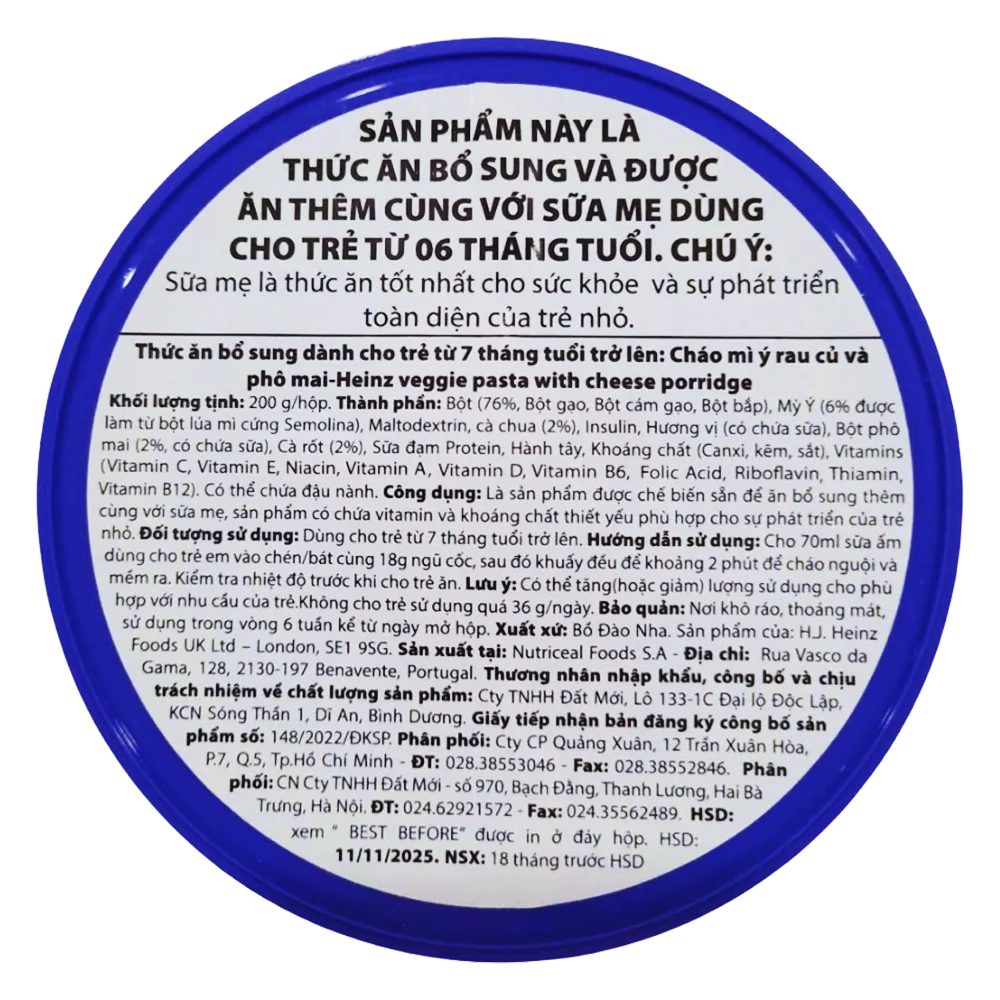 Thức ăn bổ sung dành cho trẻ từ 7 tháng tuổi trở lên: Cháo mì ý rau củ và phô mai-Heinz veggie pasta with cheese porridge