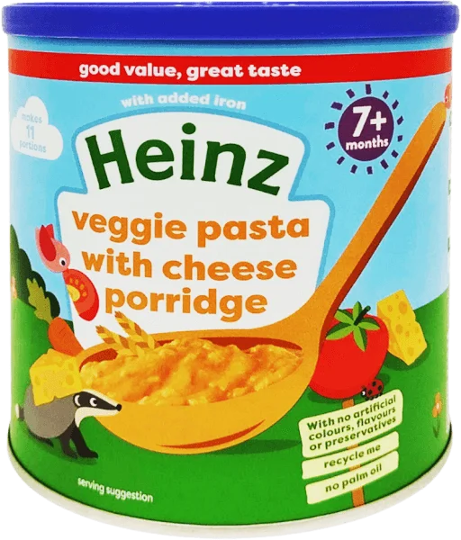 Thức ăn bổ sung dành cho trẻ từ 7 tháng tuổi trở lên: Cháo mì ý rau củ và phô mai-Heinz veggie pasta with cheese porridge