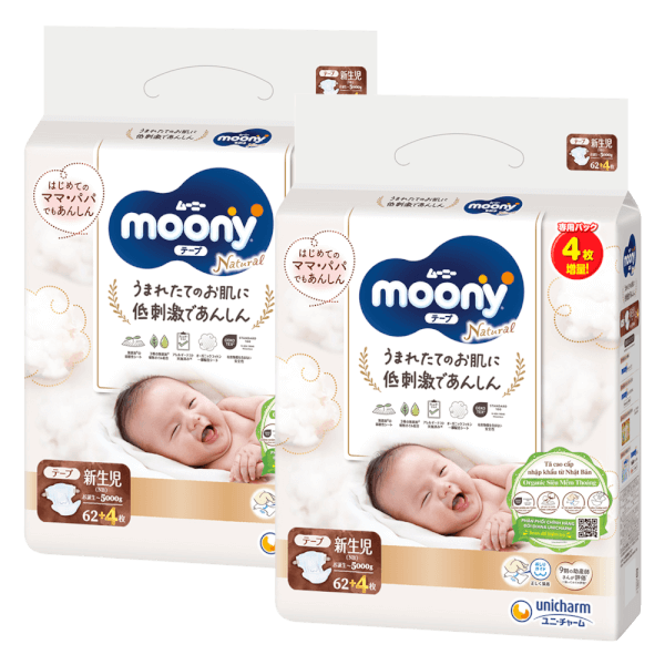 Combo 2 Tã dán Moony Natural (NB, 62 miếng + 4 miếng)